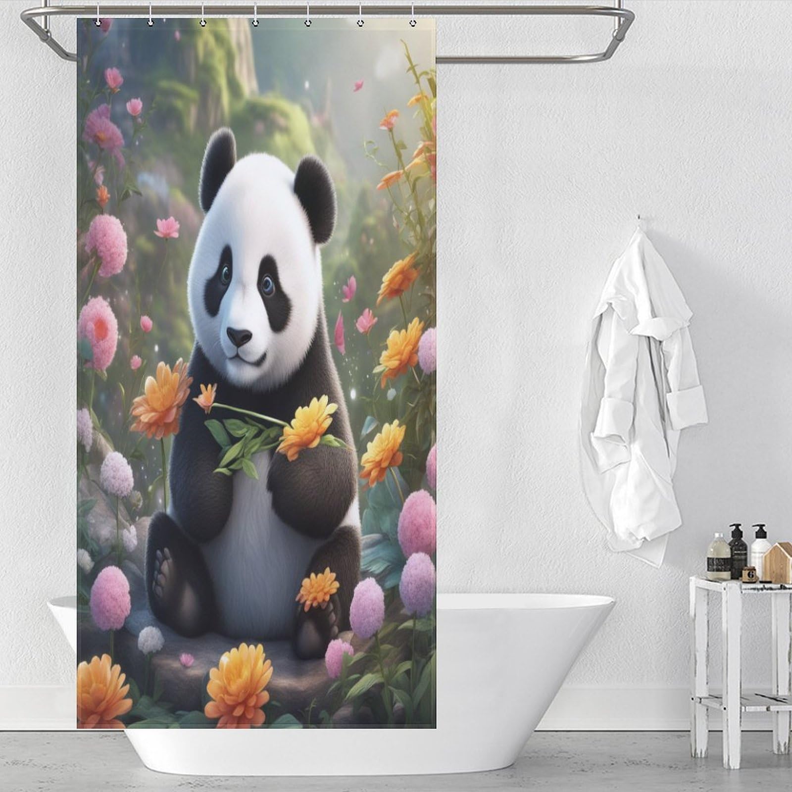 Rideau de douche petit format panda anti-éclaboussures avec crochets