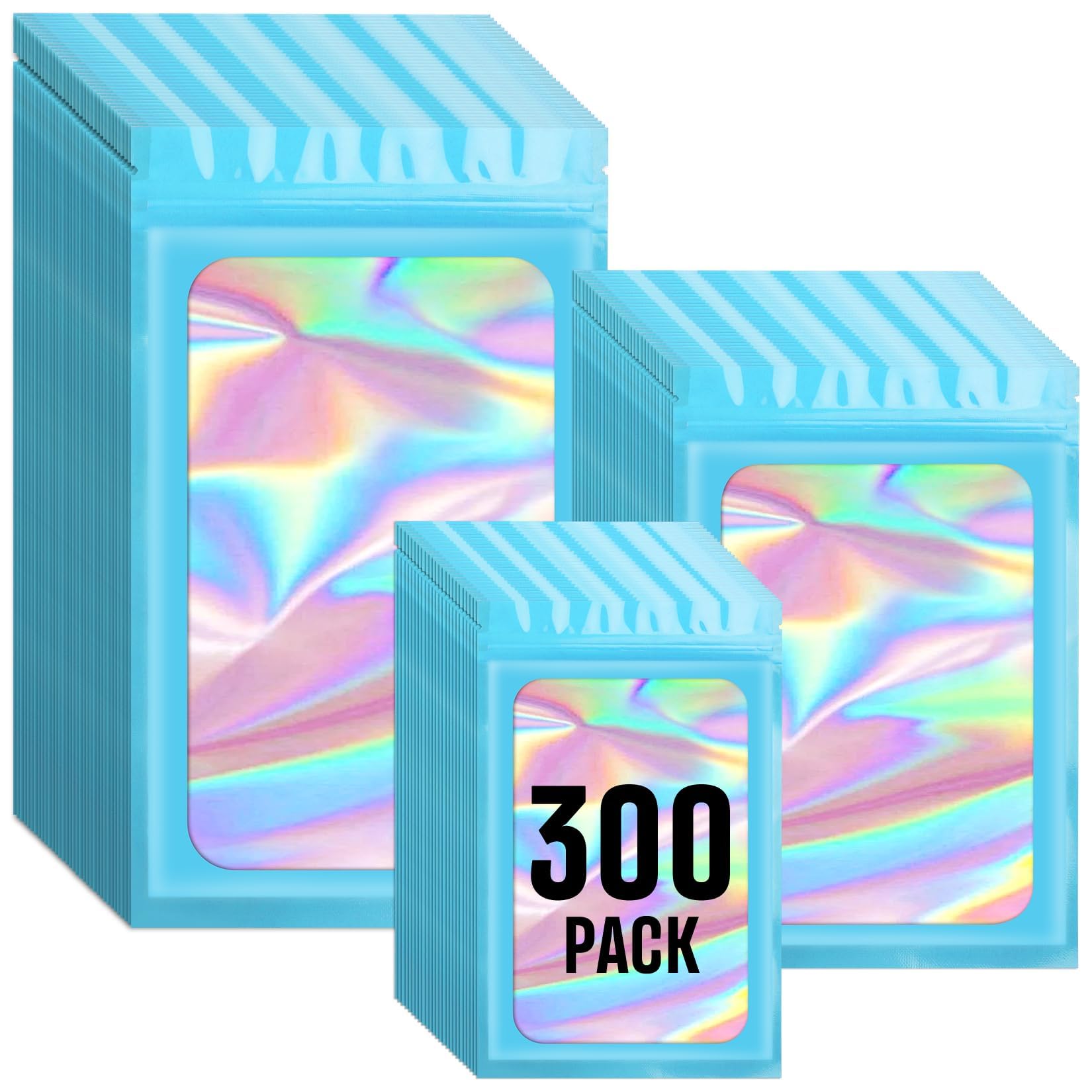 Funfery 300 Pack 3 Size Blue Mylar Holographic Bags with Clear Window