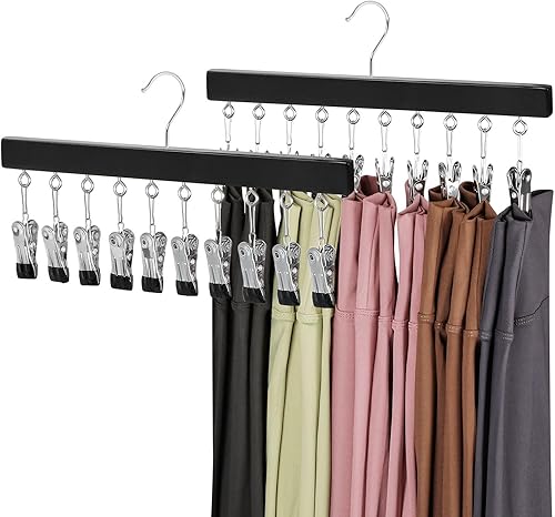TOPIA HANGER Organizador de leggings para armario, perchas de madera negra con 10 clips de metal, 2 paquetes con capacidad para hasta 20 pantalones,