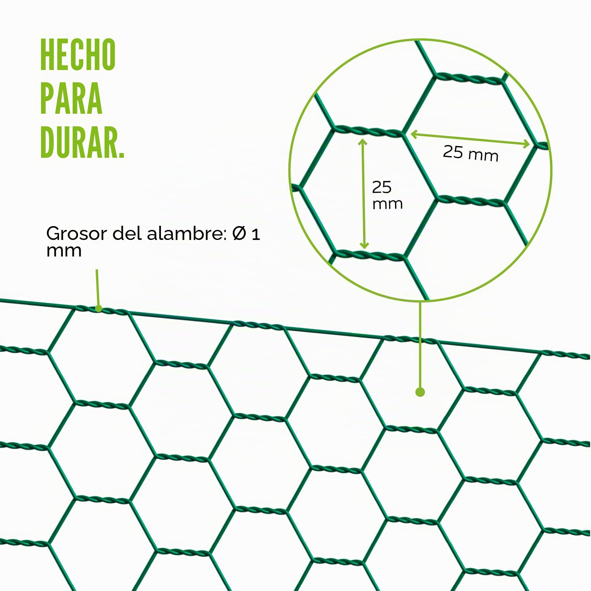 Alberts 614249 Tela metálica de malla hexagonal, Distintas longitudes y alturas - disponible en diferentes colores, Verde, Mallas 25 x 25 mm, Altura 100 cm, Longitud 10 m