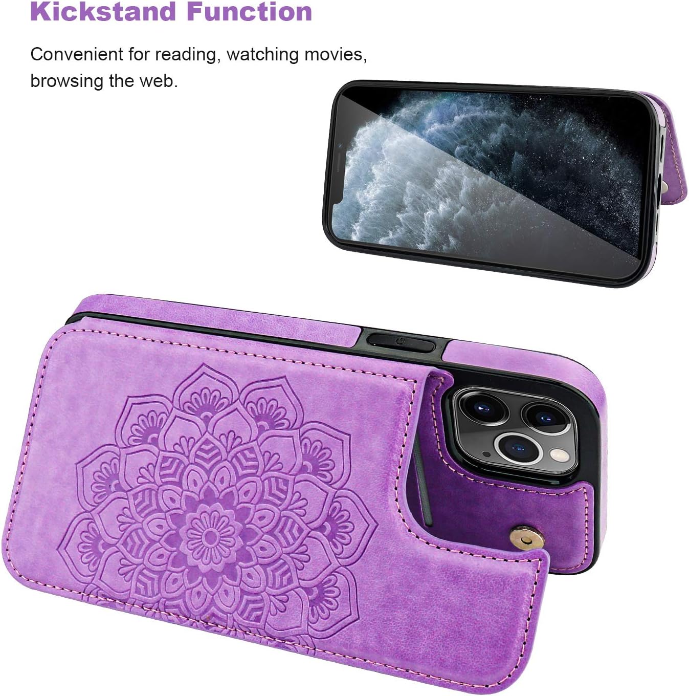 Vaburs Compatible with iPhone 12 Pro Max Case Wallet with Card Holder,Embossed Mandala Pattern Flower PU Leather Double Magnetic Buttons Flip Shockproof Cover for iPhone 12 Pro Max 6.7 Inch(Purple)