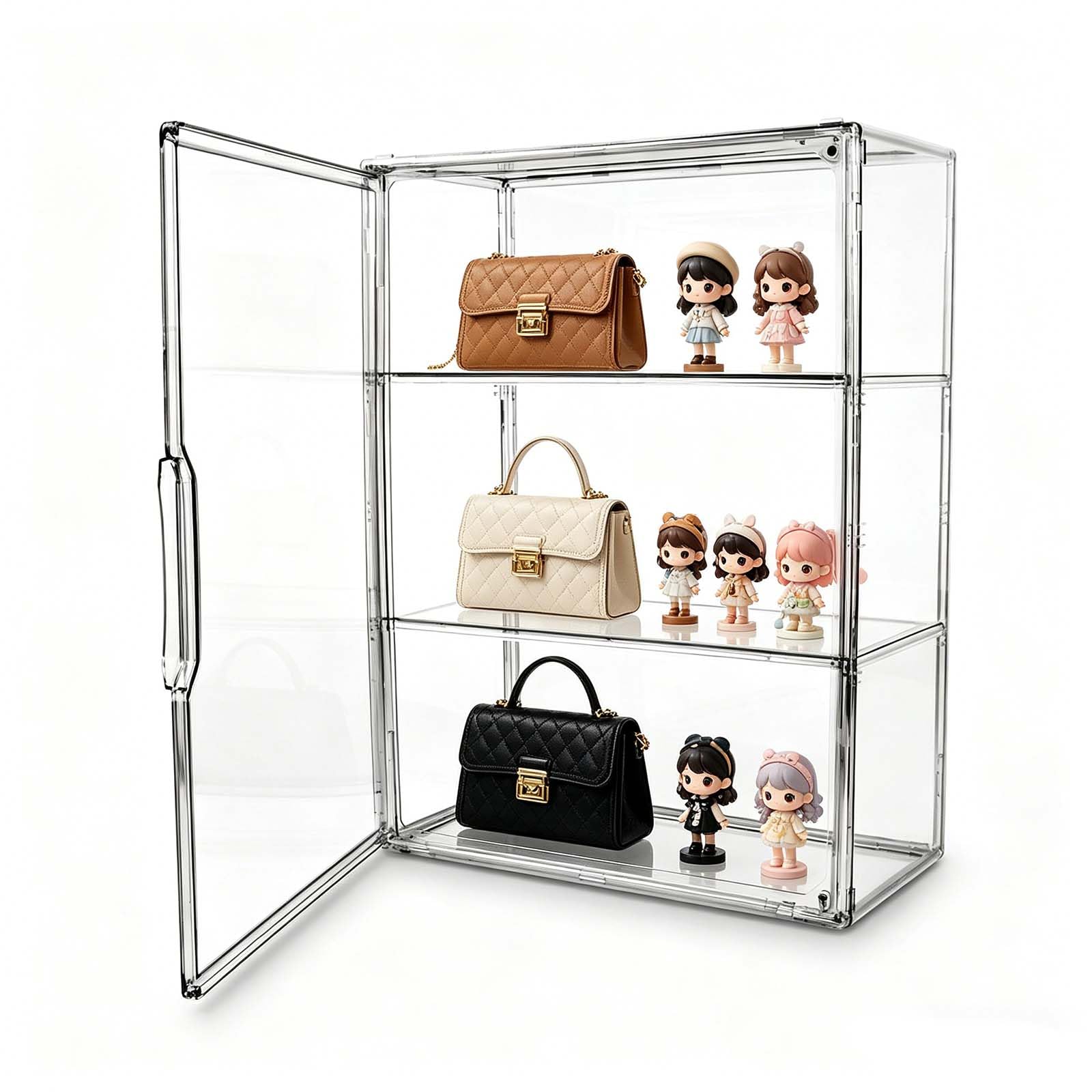Vitrine Acrylique Empilable à 3 Niveaux avec Porte Magnétique, Boîte de Présentation Transparente pour Figurines, Objets de Collection, Antipoussière et Facile à Monter (36x13x27cm)