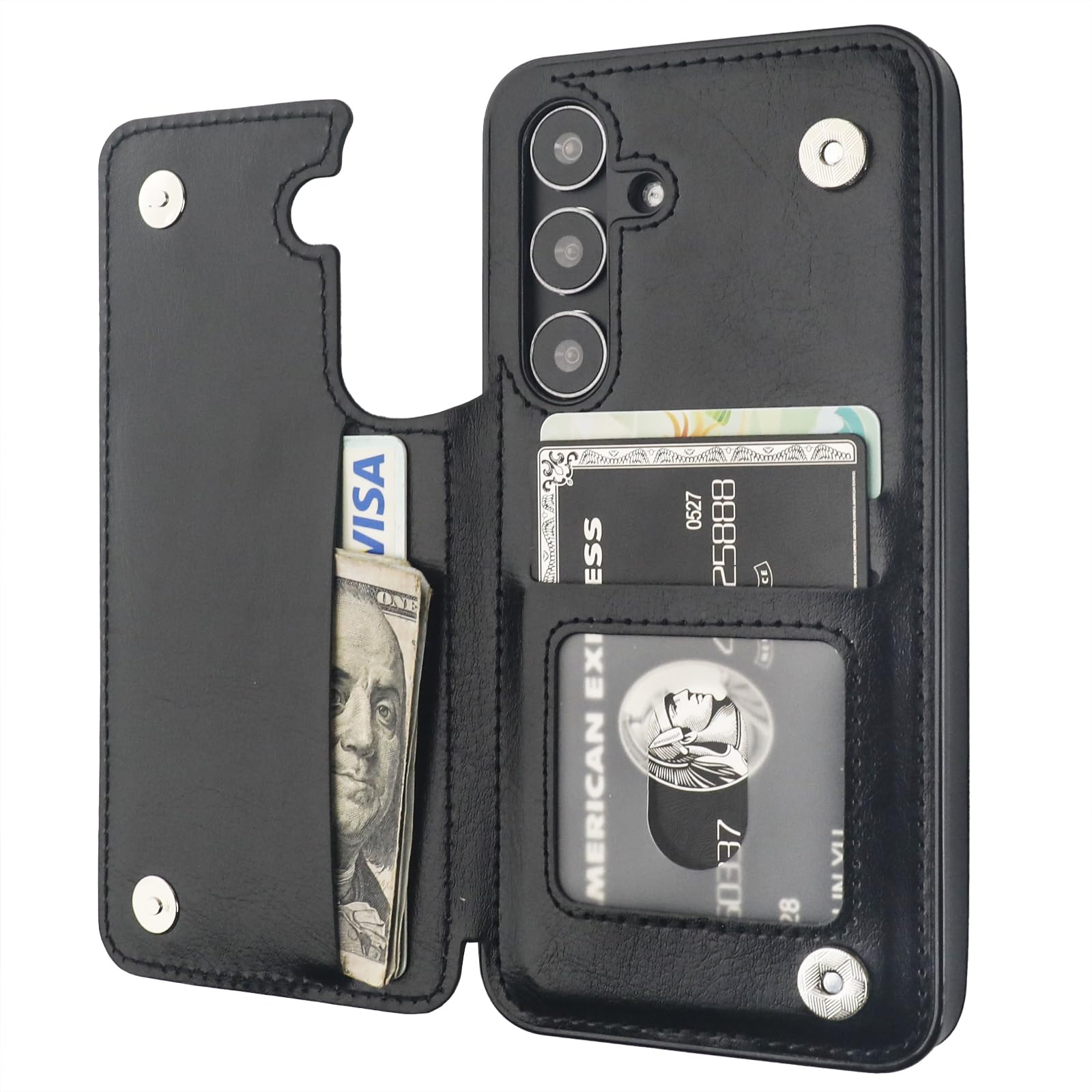 Onetop Compatible with Samsung Galaxy S24 Wallet Case with Card Holder, PU Leather Kickstand Card Slots Case, Double Magnetic Clasp and Durable Shockproof Cover 5G 6.2 Inch(Black)