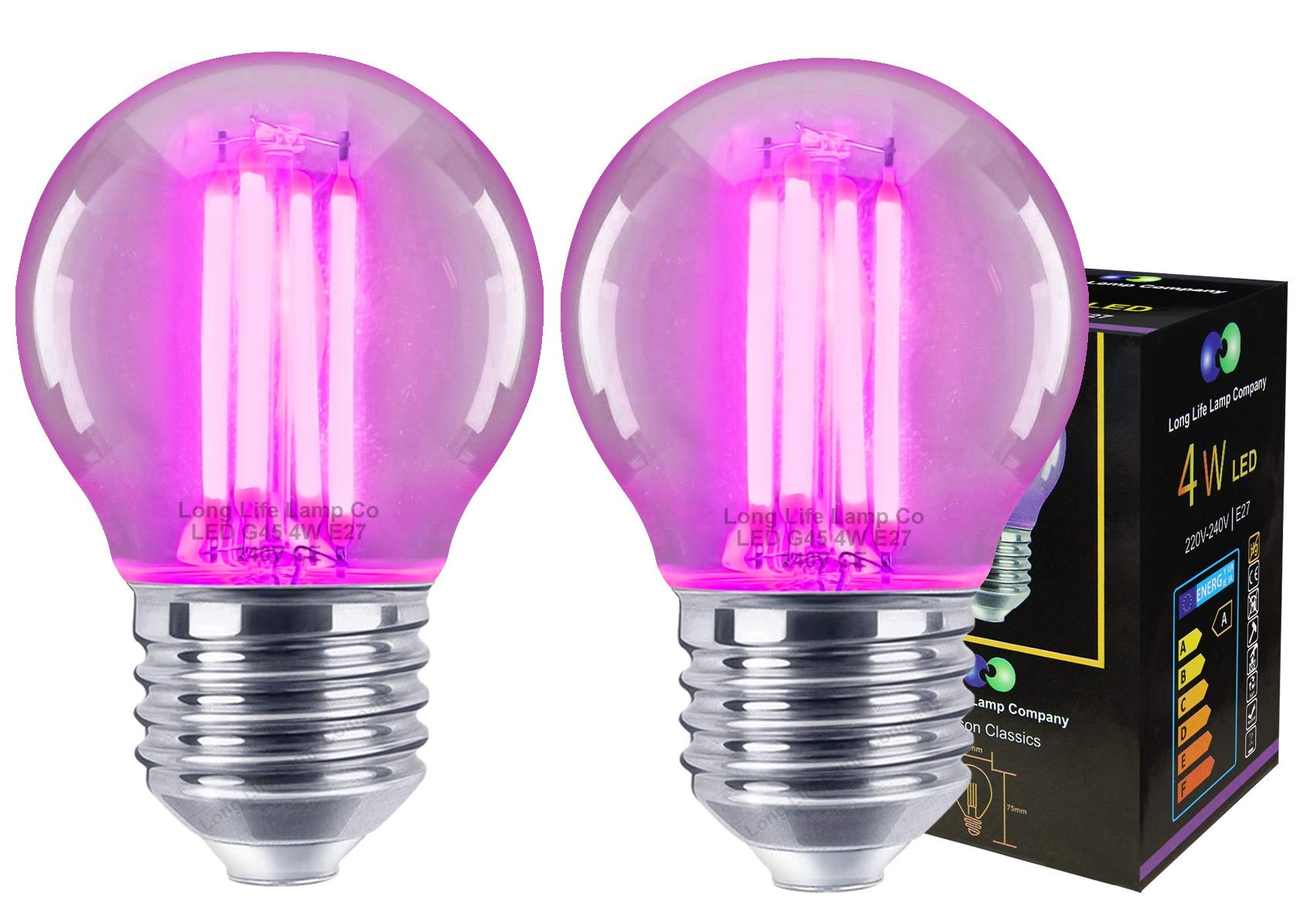 2 x 4w Purple LED Golf Ball Light Bulb E27 Edison Screw Clear Glass G45 Filament