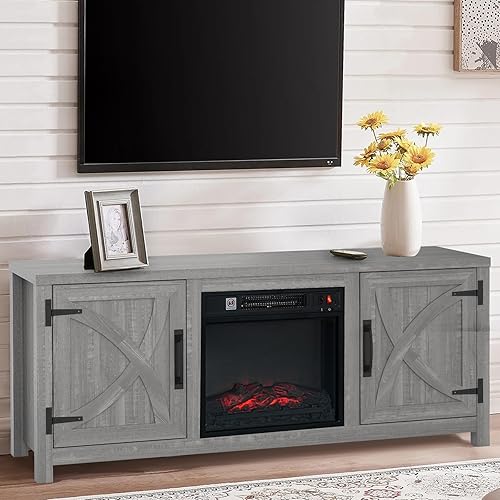 Fireplace TV Stand for 65" TVs, 58" Farmhouse Entertainment Center Console Table with 18" Electric Fireplace, TV Stands for Living Room with 2 Hidden Storage Cabinets for Bedroom, Grey
