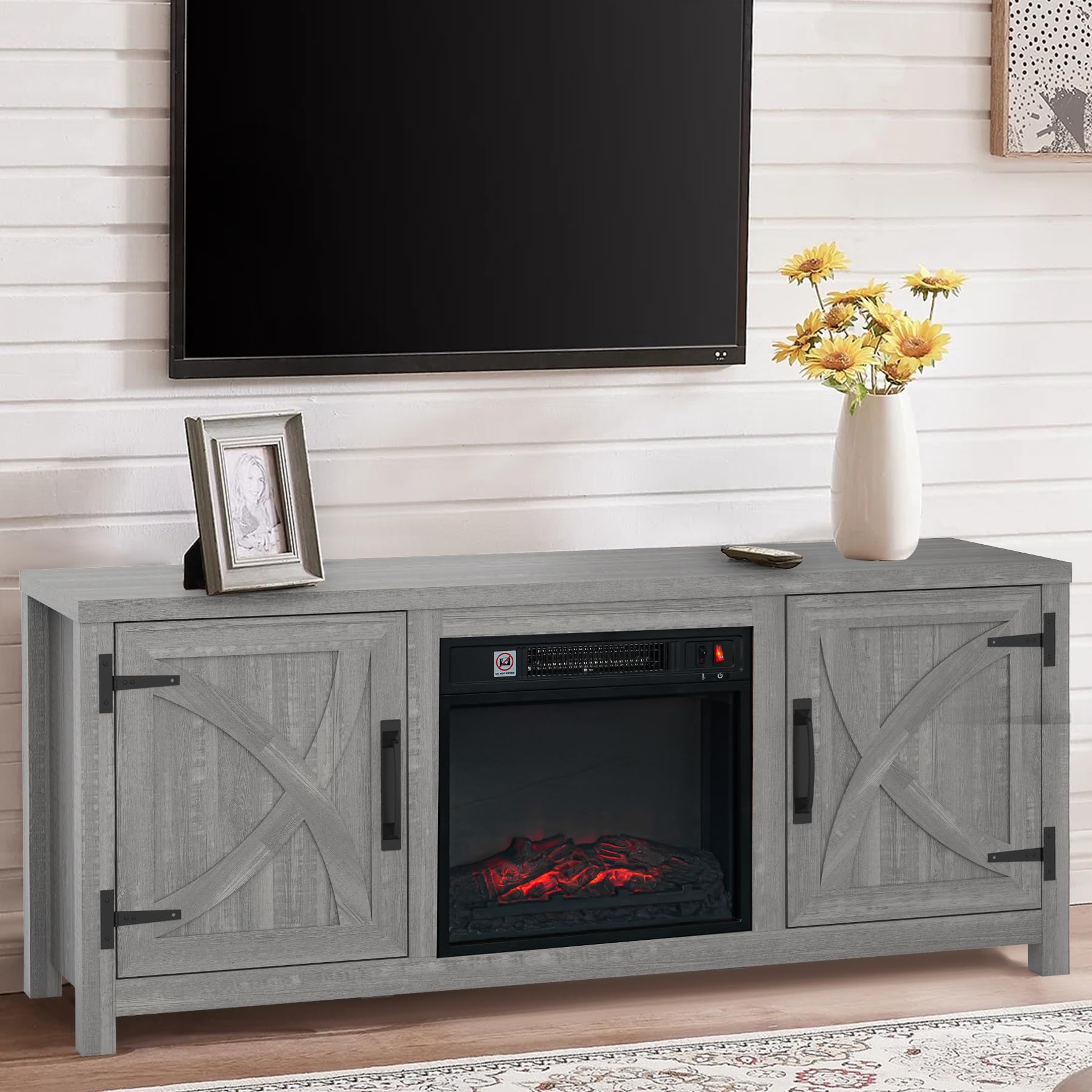 Vaczon Fireplace TV Stand for 65" TVs, 58" Farmhouse Entertainment Center Console Table with 18" Electric Fireplace, TV Stands for Living Room with 2