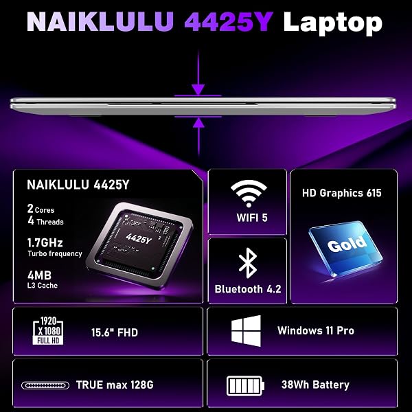 NAIKLULU 15.6 Inch Laptop with 4425Y Processor, 8GB RAM 256GB SSD Laptop Computer Pc 2026, FHD 1920 x 1080P, 5000 MAh/38.5Wh, Wifi 5, TF Card, Webcam, Touchpad, Student/Home/Business - 2