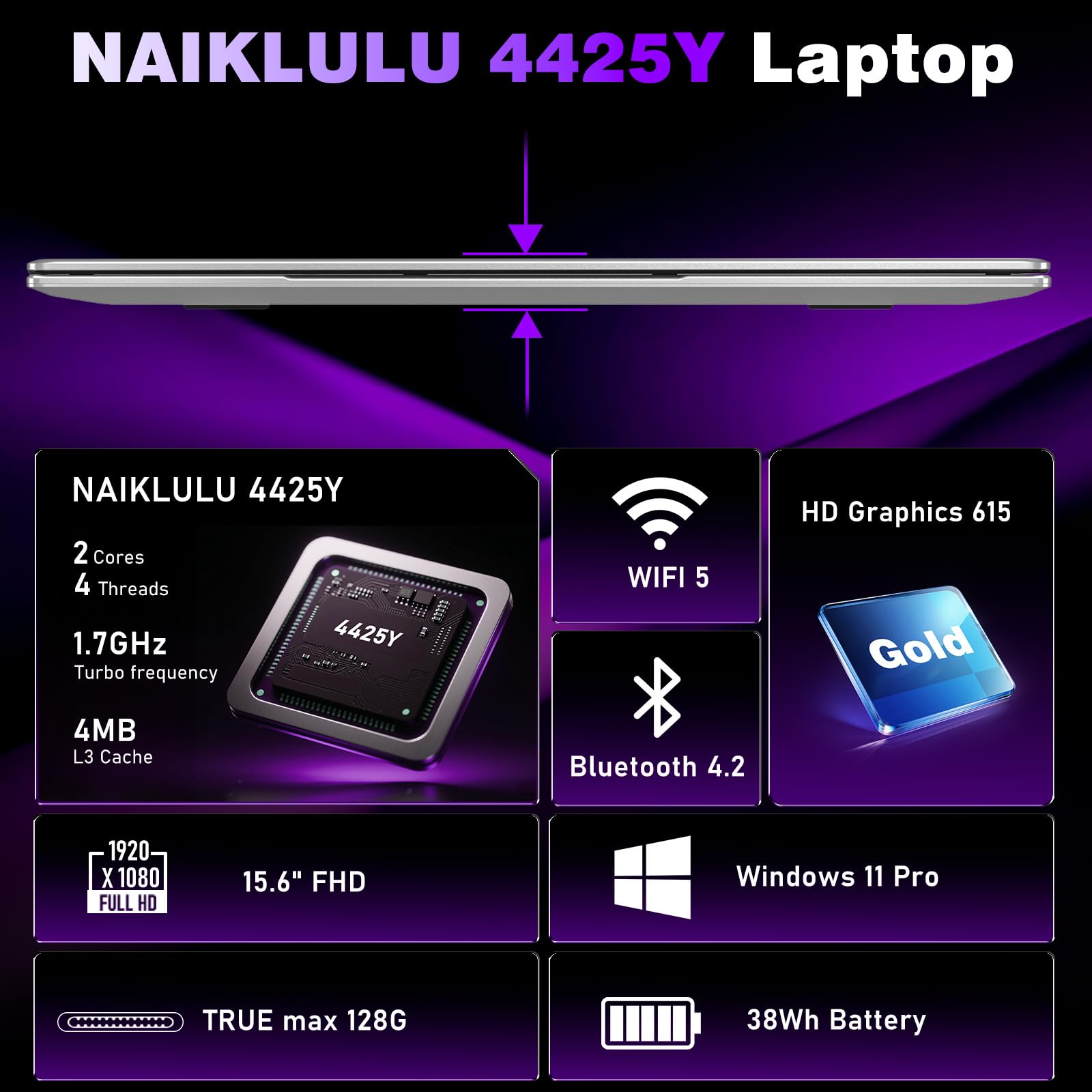 NAIKLULU 15.6 Inch Laptop with 4425Y Processor, 8GB RAM 256GB SSD Laptop Computer Pc 2026, FHD 1920 x 1080P, 5000 MAh/38.5Wh, Wifi 5, TF Card, Webcam, Touchpad, Student/Home/Business - 3
