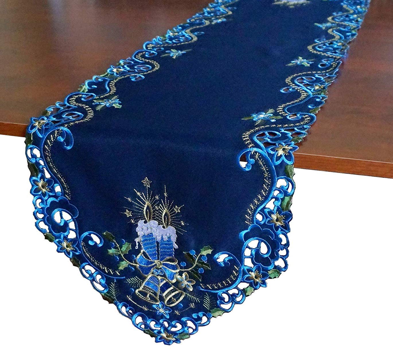 GRANDDECO Holiday Christmas Table Runner, Cutwork Embroidered Blue Floral Christmas Candles Dresser Scarf Table Topper for Home Dining Xmas Table Top Decoration (Runner 13"x54", Candle)