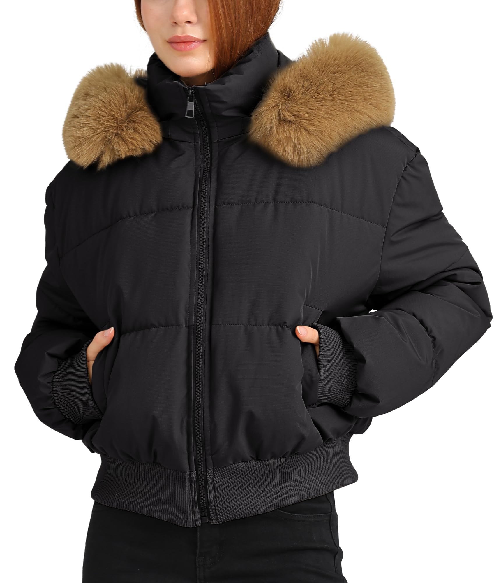 Maeau - Manteau Court à Capuche Col en Fourrure Amovible Femme Veste Hiver Chaude M-XXL
