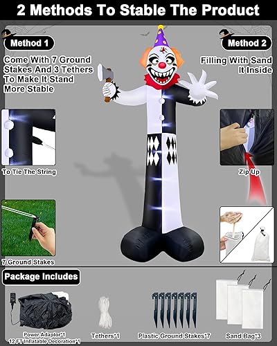 Miniatura 5 de TURNMEON Decoraciones inflables gigantes de Halloween de 12 pies para exteriores, hacha de payaso aterradora, luces LED integradas, inflables de