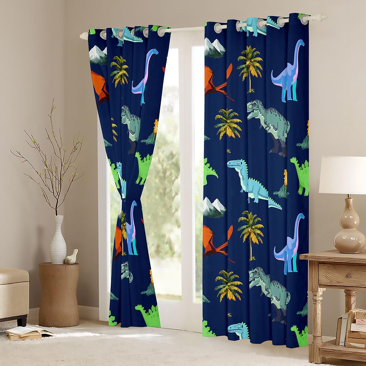 Homewish Rideau Occultant 117x183 cm Dinosaur,Rideau Enfants Adolescents Adults Mignon Coloré Dinosaur,Rideaux Voilage Tropical Palm Trees,Voilage Fenetre Jungle Animal pour Chambre Salon