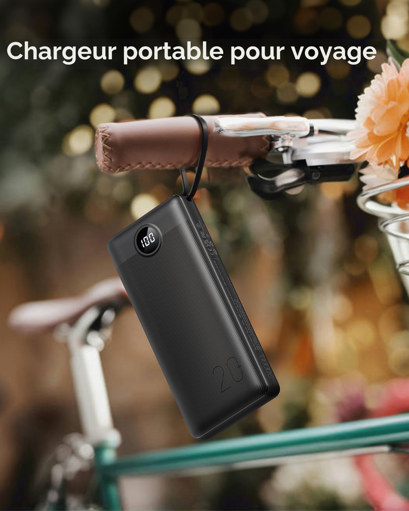 VRURC Batterie Externe 20000mAh QC 22.5W Power Bank Cable intégré, USB C Charge Rapide LED Chargeur Portable avec 4 Sorties et pour iPhone13/12/11/X/8, Samsung Huawei Xiaomi Tablet