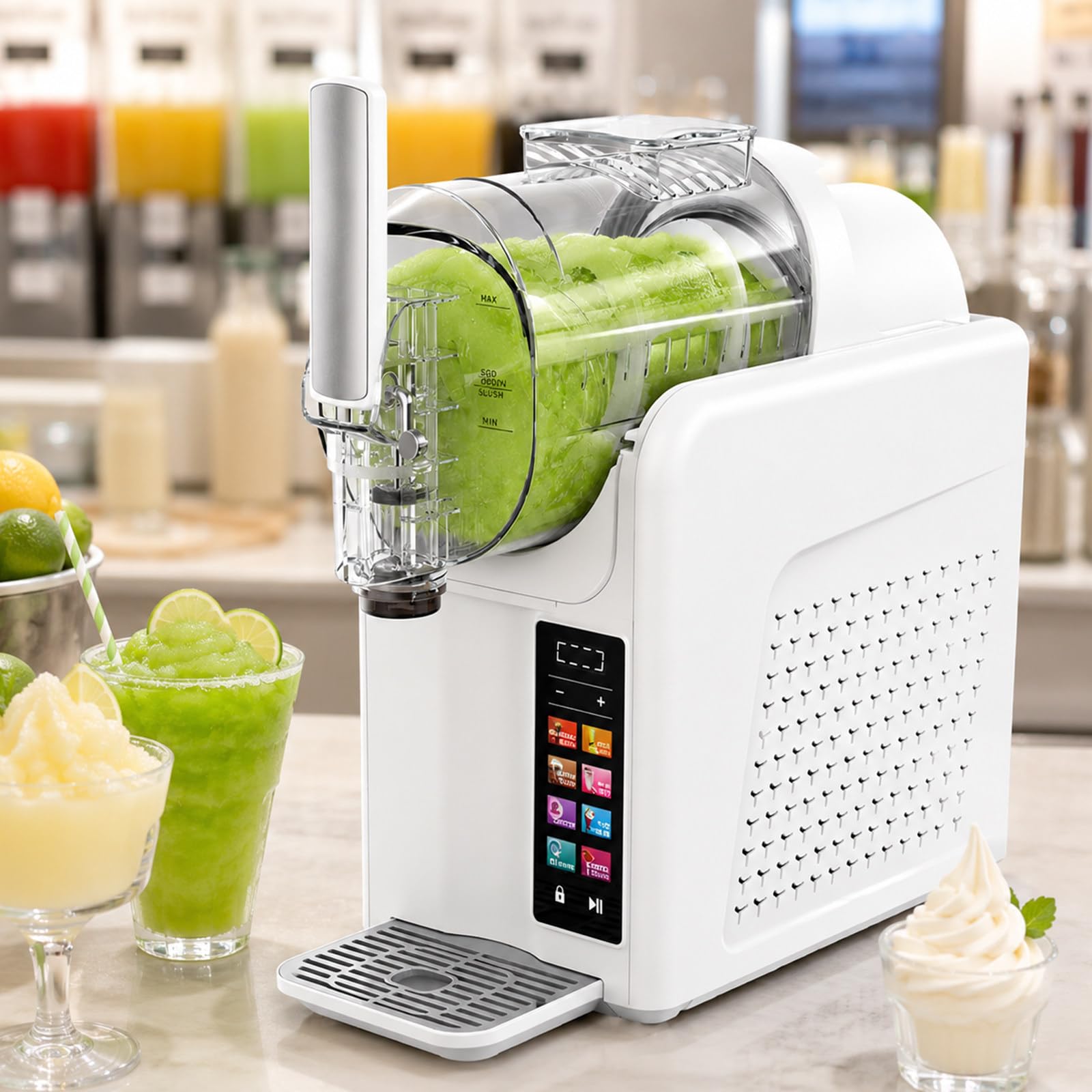 lilishangmao 2L Single Bowl Slush Machine with Smart Touch Panel – 7 Presets, Countertop Iced Drink Maker for Milkshakes, Slushies, Soft Ice Cream, Sorbets, Iced Coffee, No Ice Required, 185W White