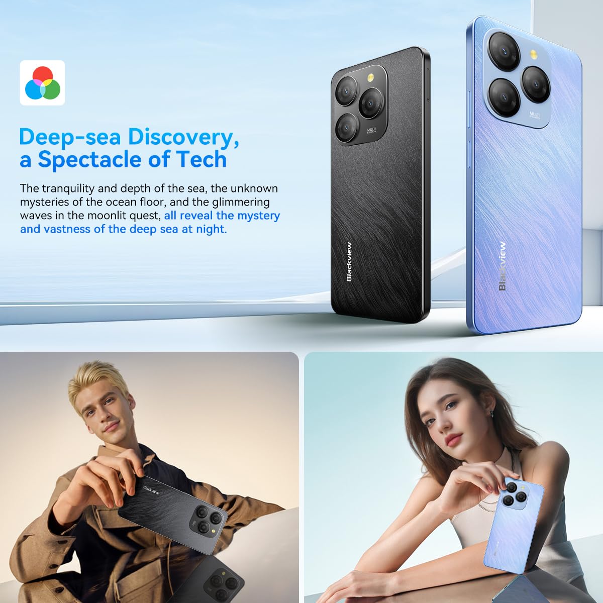 Blackview 5G Smartphone Shark 9, 24GB+256GB, 6,67" 90Hz HD+ Schermo, Fotocamera 50MP, Batteria 5000mAh, Dual SIM Dual 5G, Telefono Android 14, Altoparlante Smart-K Box, GPS NFC Blu