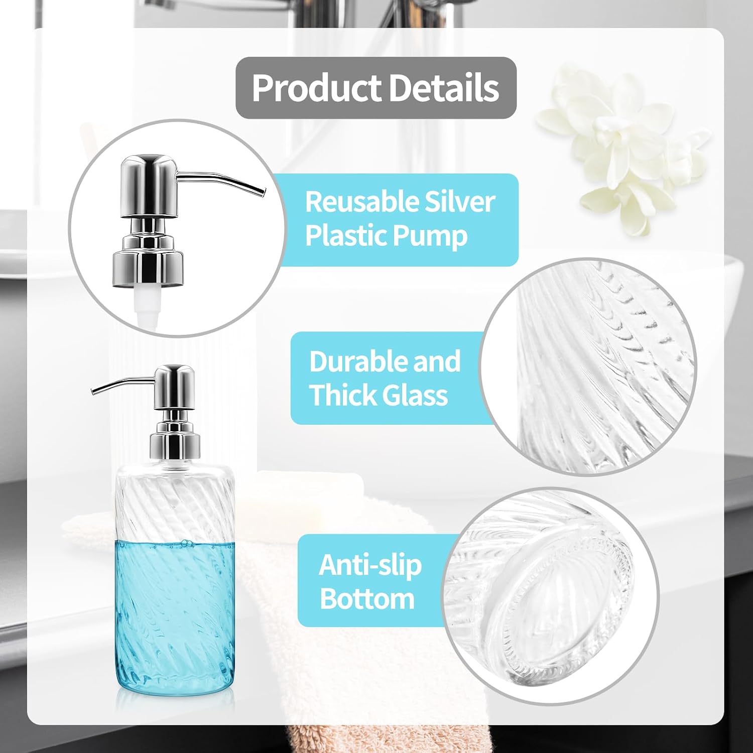 18 Oz Ribbed Glass Soap Dispenser with Stainless Steel Pump, Refillable Liquid Soap Bottle for Bathroom, Kitchen, Hand Soap, Dish Soap, or Lotion image 3