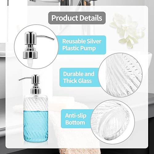 Miniatura 3 de Dispensador de jabón de vidrio acanalado de 18 onzas con bomba de acero inoxidable, botella de jabón líquido recargable para baño, cocina, jabón de