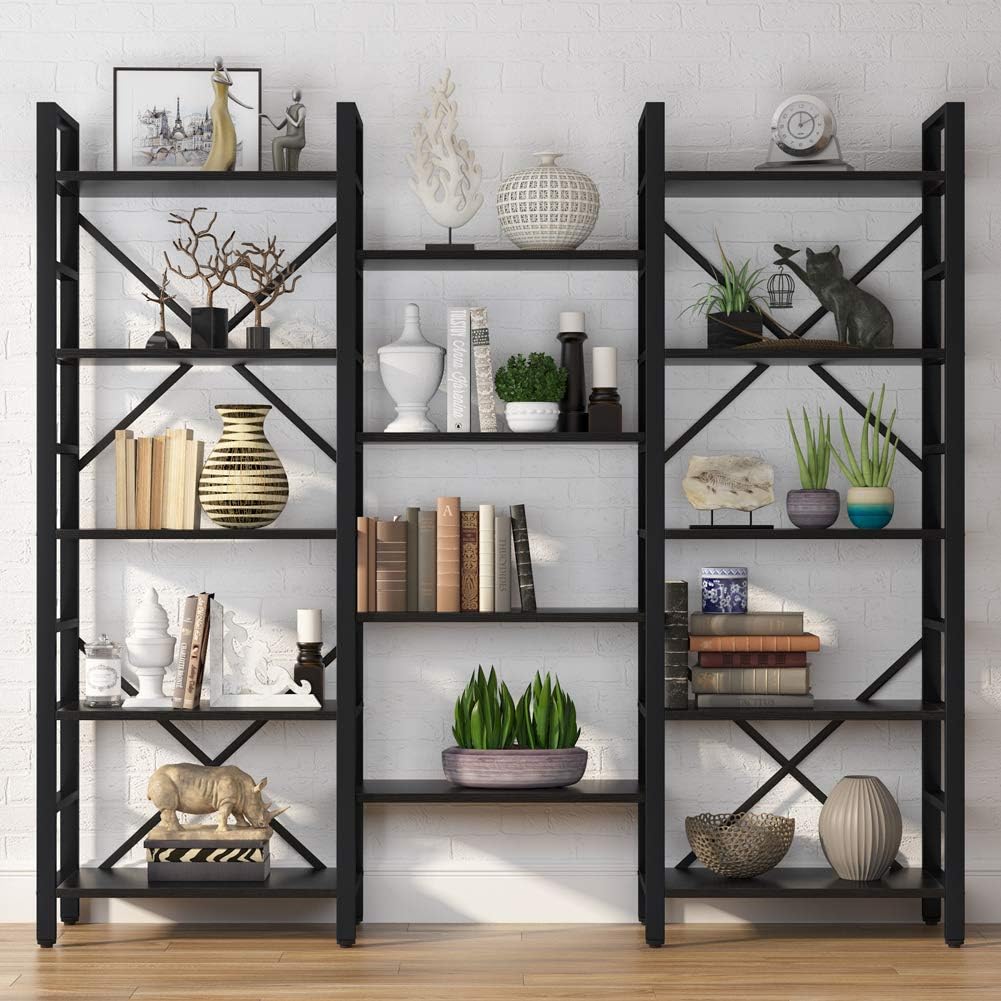 Tribesigns Triple Wide 5-Shelf Bookcase, Etagere Large Open Bookshelf Vintage Industrial Style Shelves Wood and Metal bookcases Furniture for Home & Office , All Black