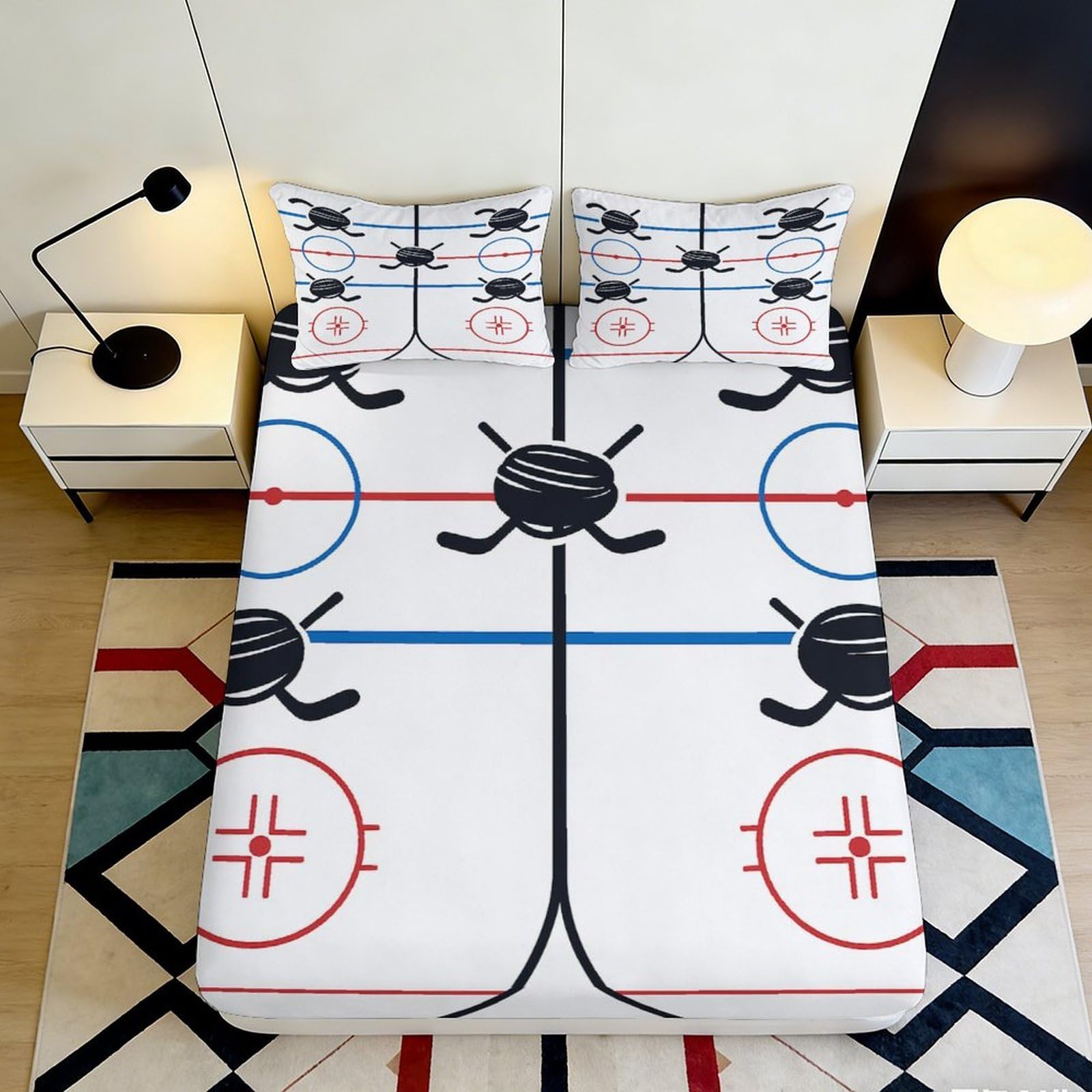 3D Printed Hockey Rink Fitted Sheet Microfiber Soft Breathable Puck Pattern Bed Cover for Bedroom Dorm Decor 90x200x25cm