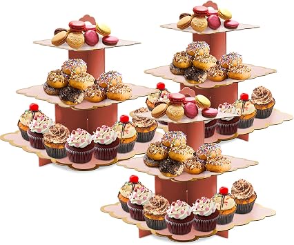 Cupcake Stand,3 Set of Square 3-Tier Dessert Plates Mini Cakes Fruit Candy Display Tower Cookie Tray Rack Candy Buffet Holder Cake Stand Cardboard Cupcake Stand Tiered Serving Stand Pink