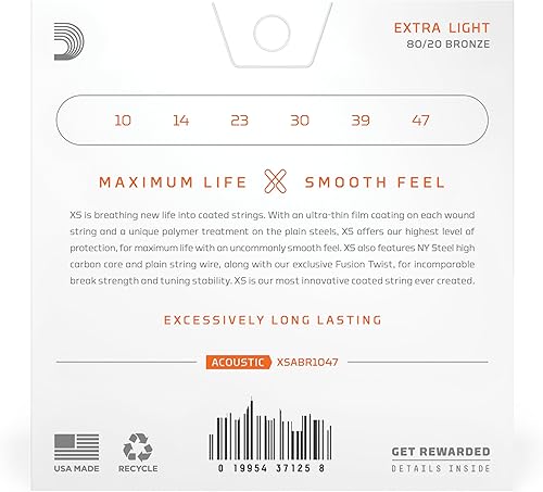 Miniatura 2 de D'Addario Cuerdas para guitarra acústica, XS 80/20 bronce recubierto, XSABR1047, calibre extra ligero 10-47, juego de 6 cuerdas, paquete de 1
