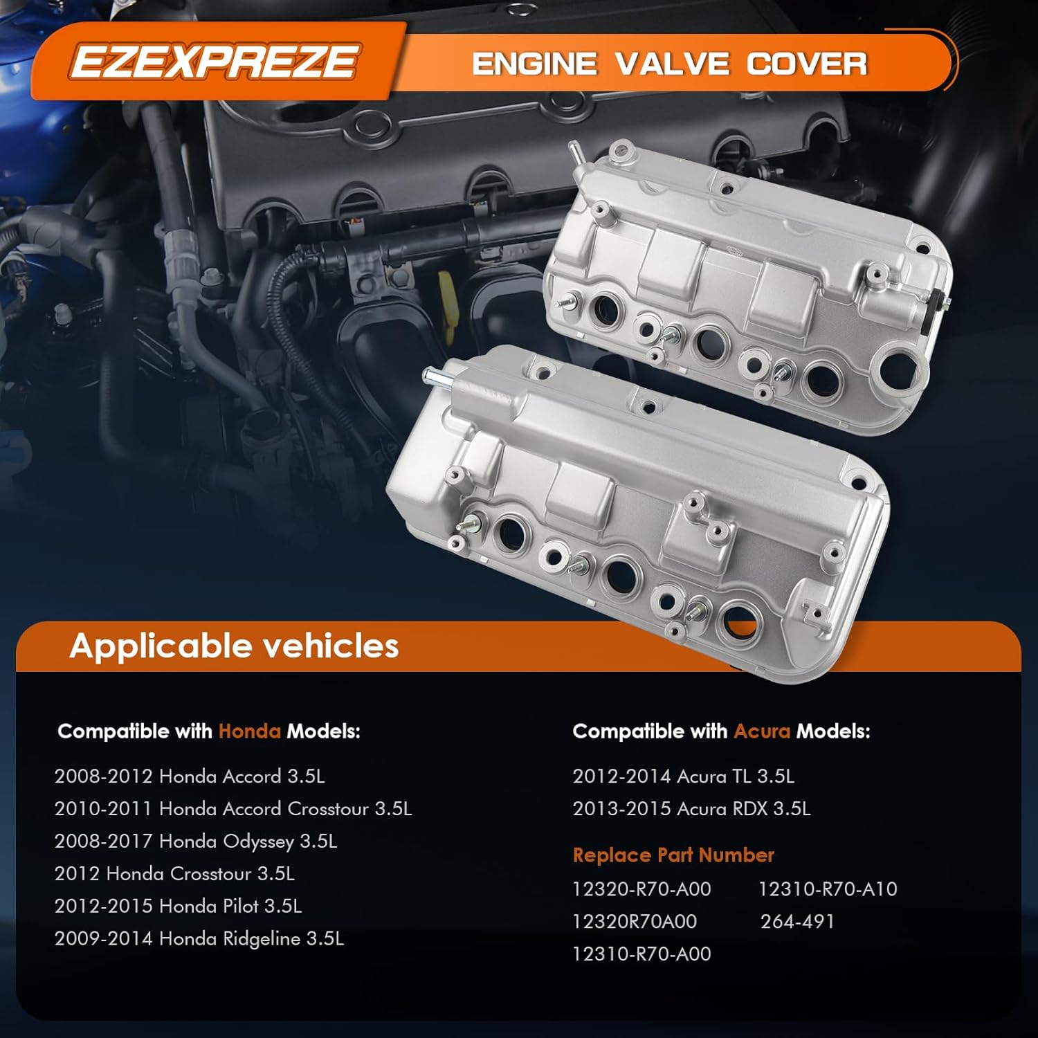 Ezexpreze Aluminium Front Rear Engine Valve Cover Compatible with 2008-2017 Honda Accord Crosstour Odyssey Pilot Ridgeline 3.5L,2012-2015 Acura TL RDX 3.5L,Replacement 12310-R70-A00,12320-R70-A00