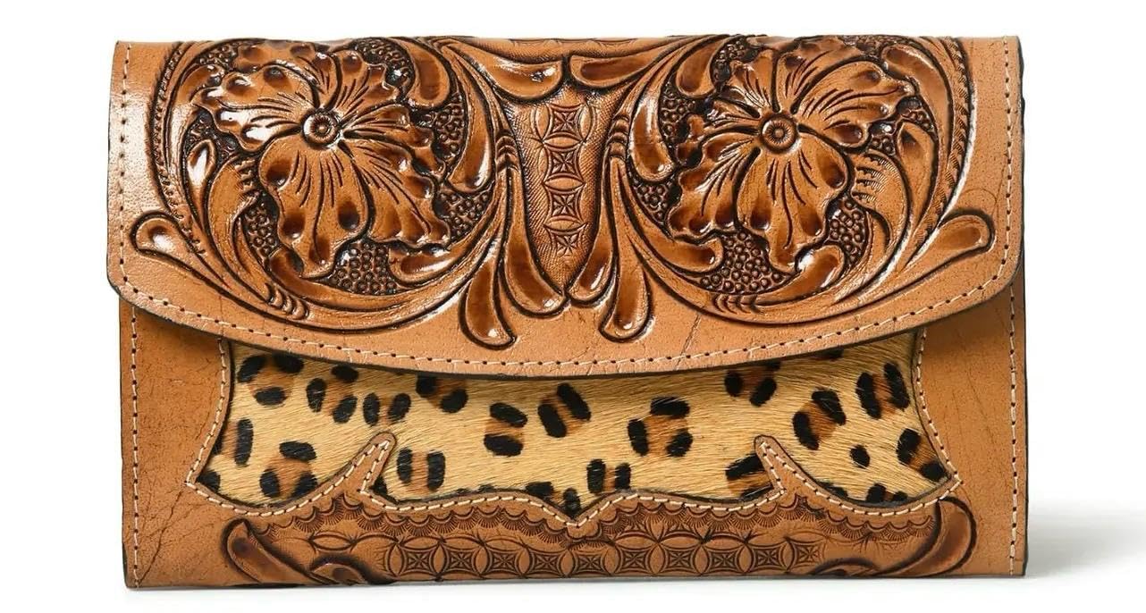 Hand-Tooled Leather Clutch Wallet with Leopard Print Hair-on Inlay-image-9