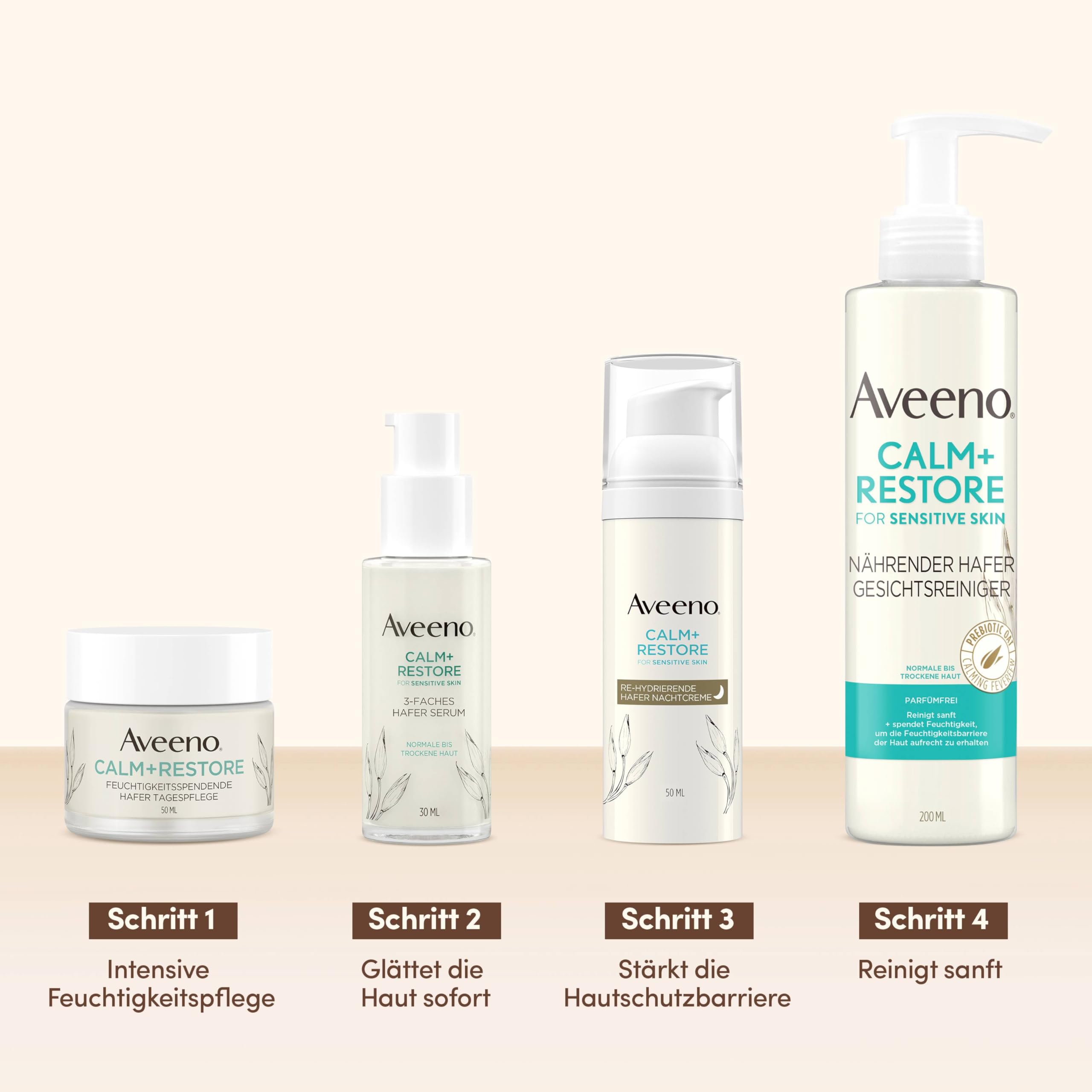 Aveeno Calm+Restore Hautpflege-Set für Empfindliche Haut | Beruhigende Tagespflege, Serum, Nachtcreme und Gesichtsreiniger mit Hafer und Mutterkraut für gestärkte Feuchtigkeitsbarriere