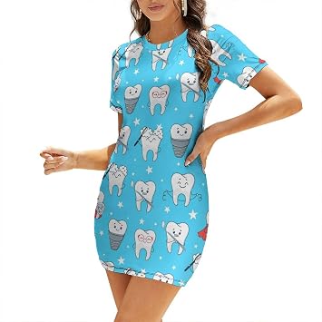 Funny Teeth Dental Dentist Womens Summer Dresses Beach Casual Loose T-Shirt Short Sleeve Short Dresses