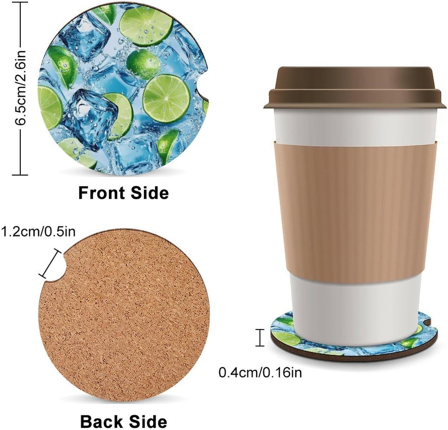 (Ice-Cubes) and Lime Slices Cute Car Coasters 2.56 Inch Absorbent Cup Holder for Drinks Auto Interior Accessories