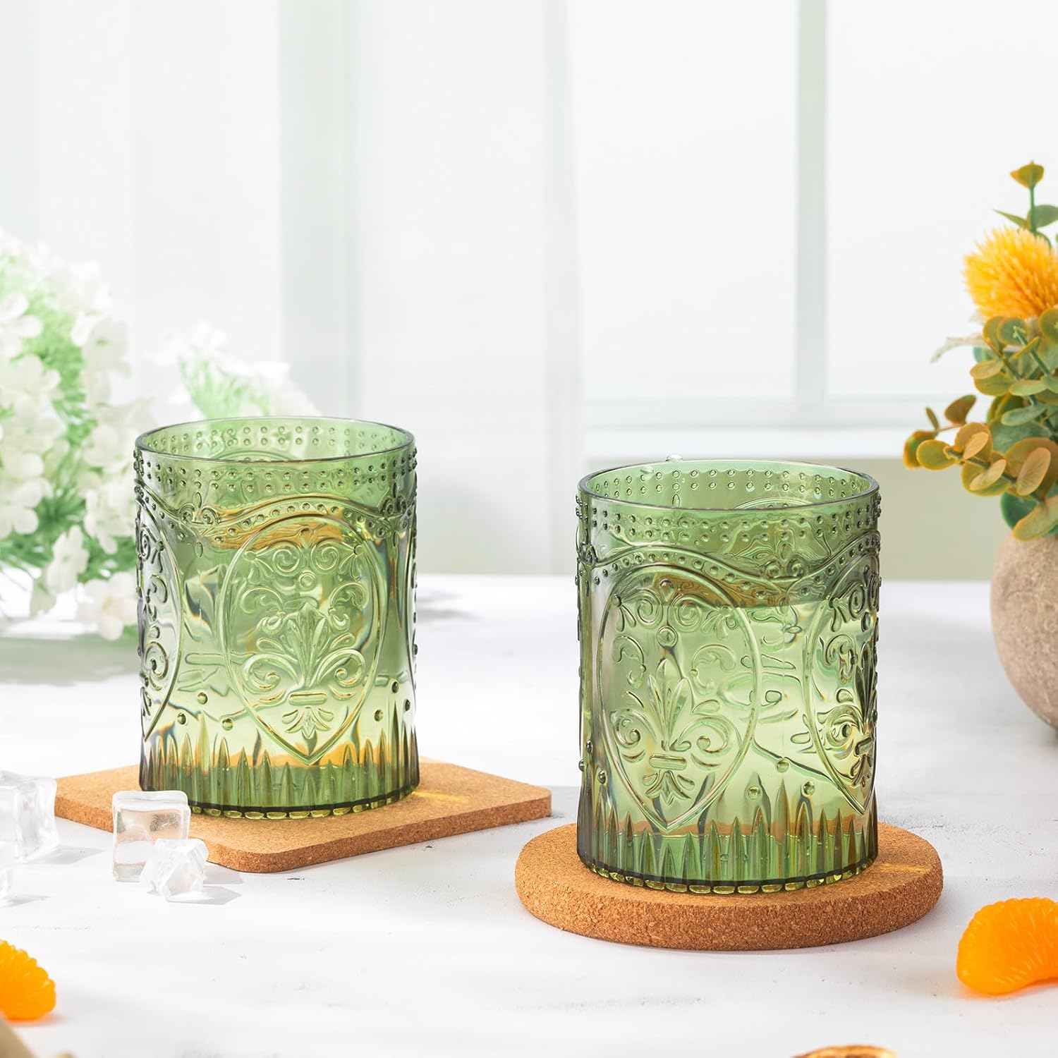 Qinyoung 24 Plastic Vintage Drinking Glasses 8.5oz Stemless Retro Embossed Wine Glasses Shatterproof Reusable Cups for Baby Shower Wedding Reception Grand Event Party (Dark Green)