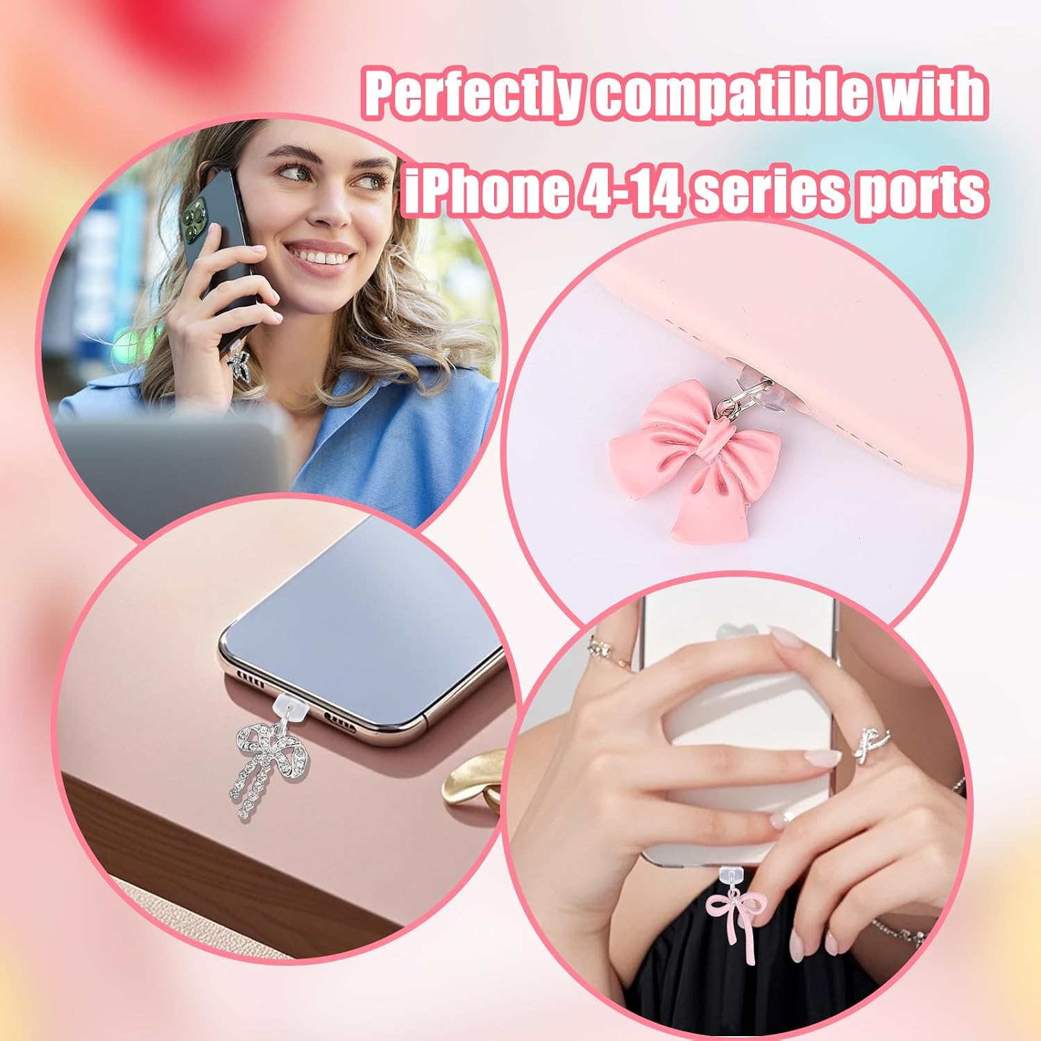 Penitue 4pcs Phone Dust Plug Charms, Creative Charging Port Dust Plug Cover Protector Caps Charm for iPhone 4-14 Series Ports Practical and Stylish Phone Accessories