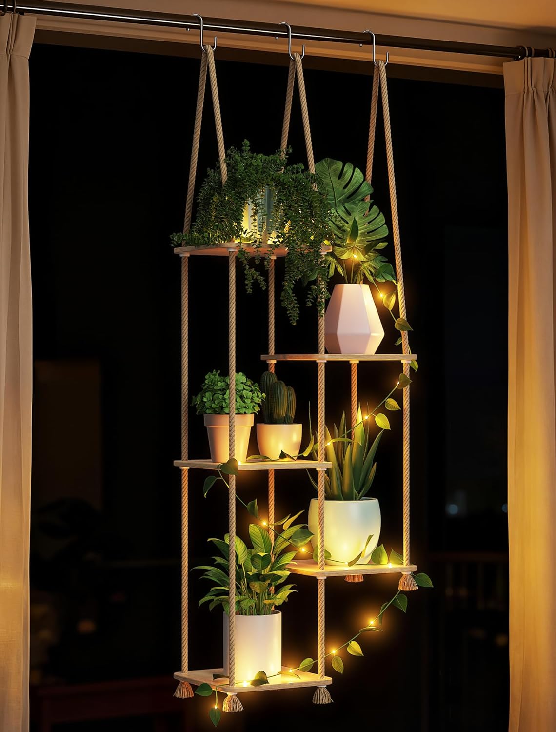 ROSSNY Plant Shelf with LED Strip, 5-Tier Window Plant Shelves, Hanging & Wall Mounted Plant Holder for Indoor, Boho Natural Bamboo Plant Stand for Home Décor