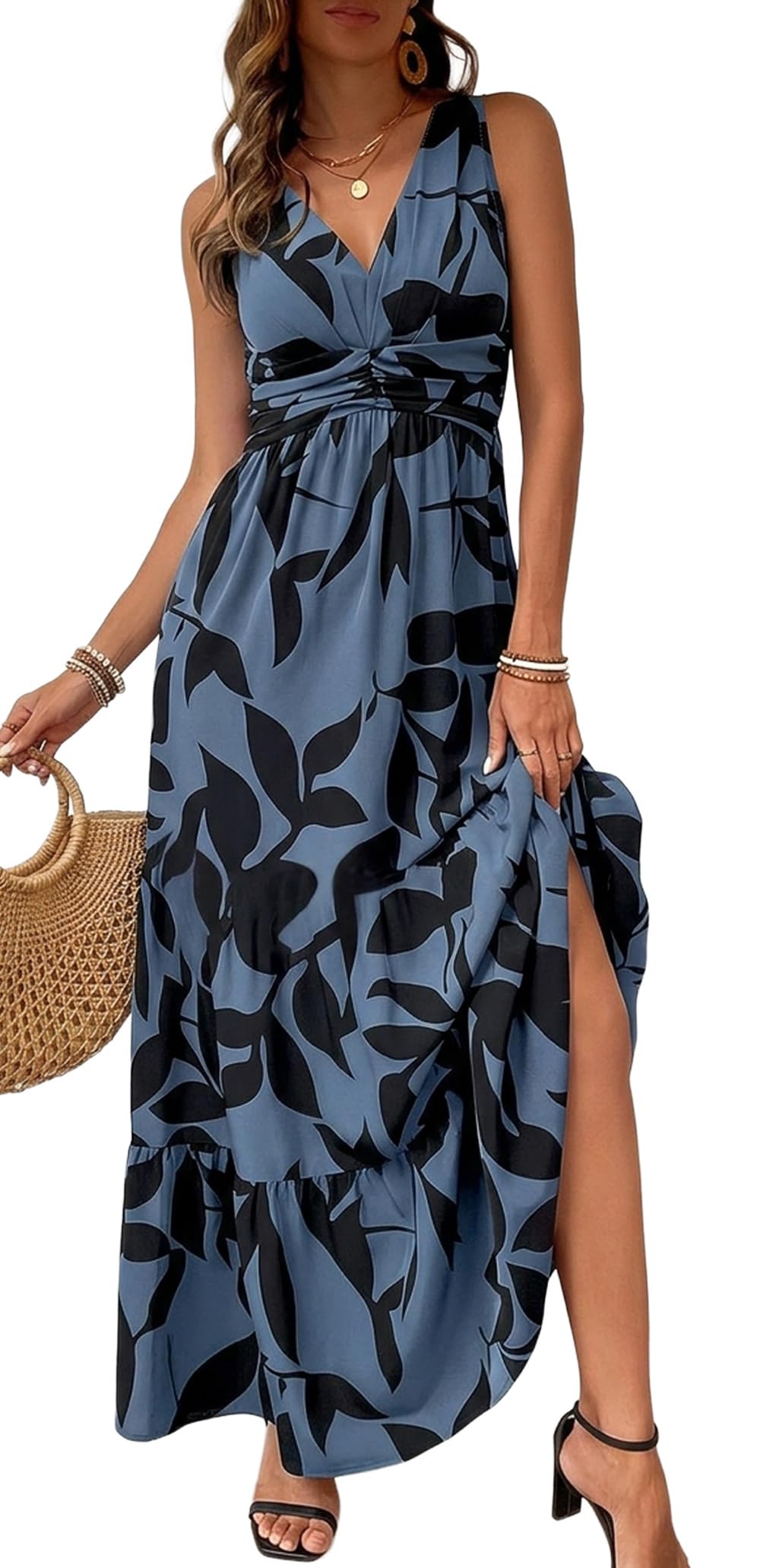YUTILA Abito estivo da donna, lungo, senza maniche, con stampa floreale