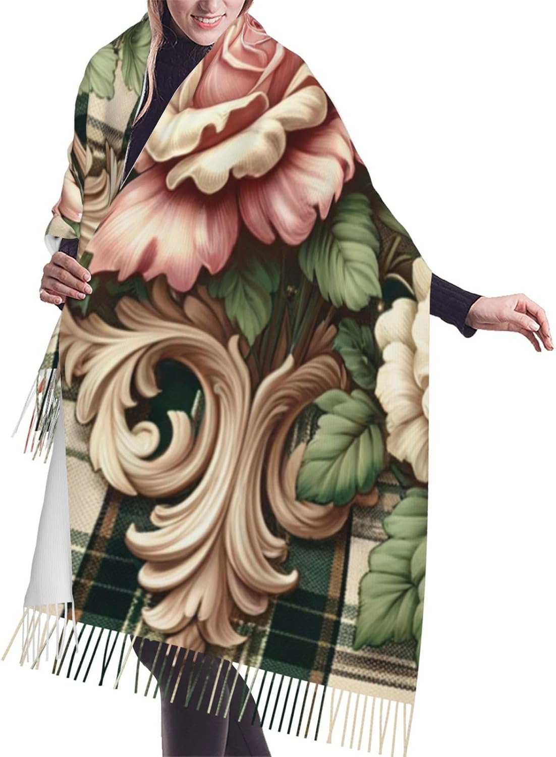 77x27 Inch Floral-Plaid-Baroque-Pattern Warm Winter Shawl Wrap For Women With Tassel Fringe, Single-Sided Printed Cozy Blanket Scarf For Cold Weather
