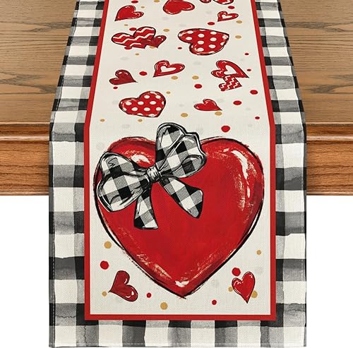 Miniatura 1 de Artoid Mode Corbata de lazo de corazón rojo a cuadros búfalos, camino de mesa para el día de San Valentín, decoración de mesa de comedor de cocina
