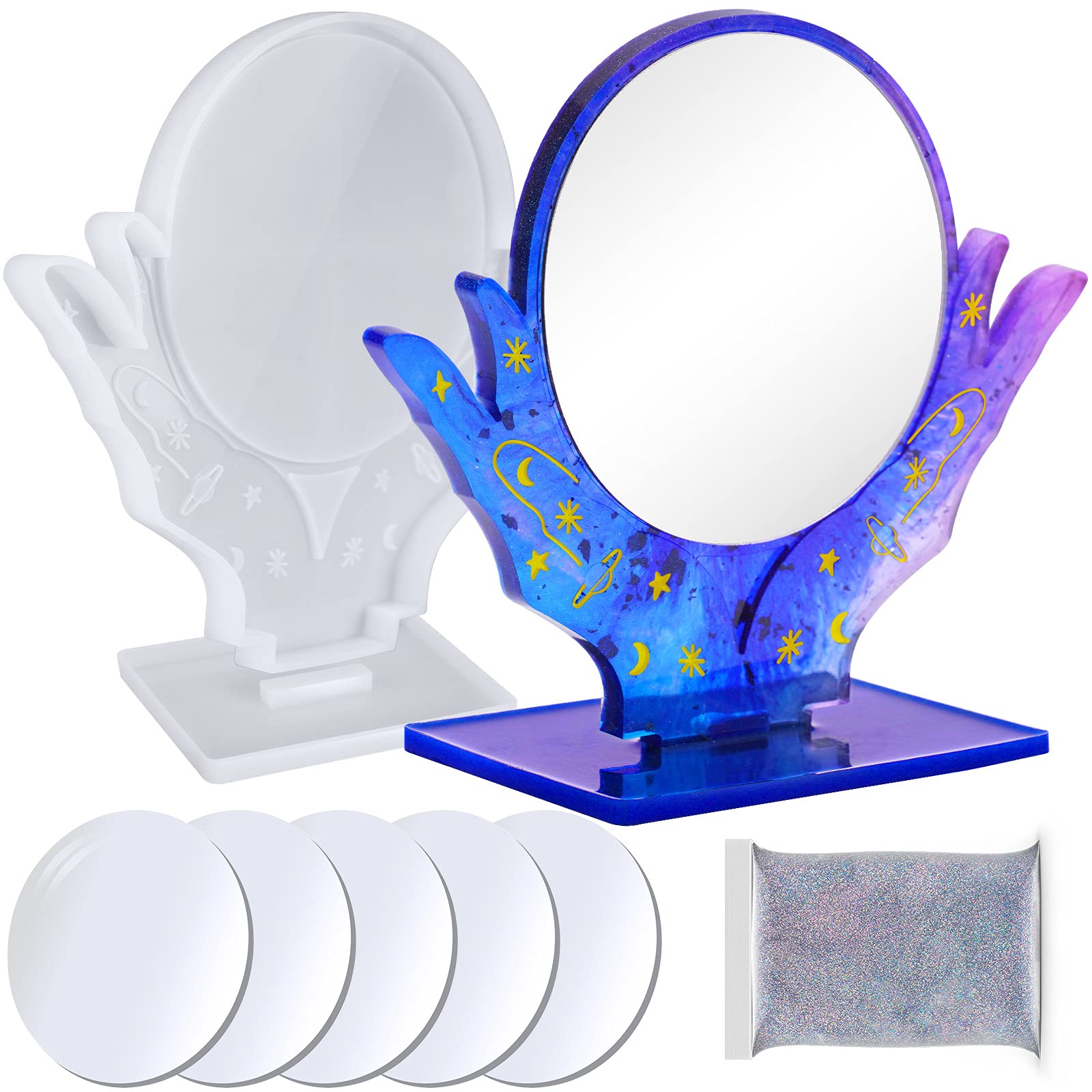 NiArt Makeup Mirror Casting Kit with Crystal Hands Silicone Molds, DIY Art Craft Supplies Shatterproof Lens and Glitter for Handcrafting Photo Frames, Tabletop Mirrors and Home Decor Gifts