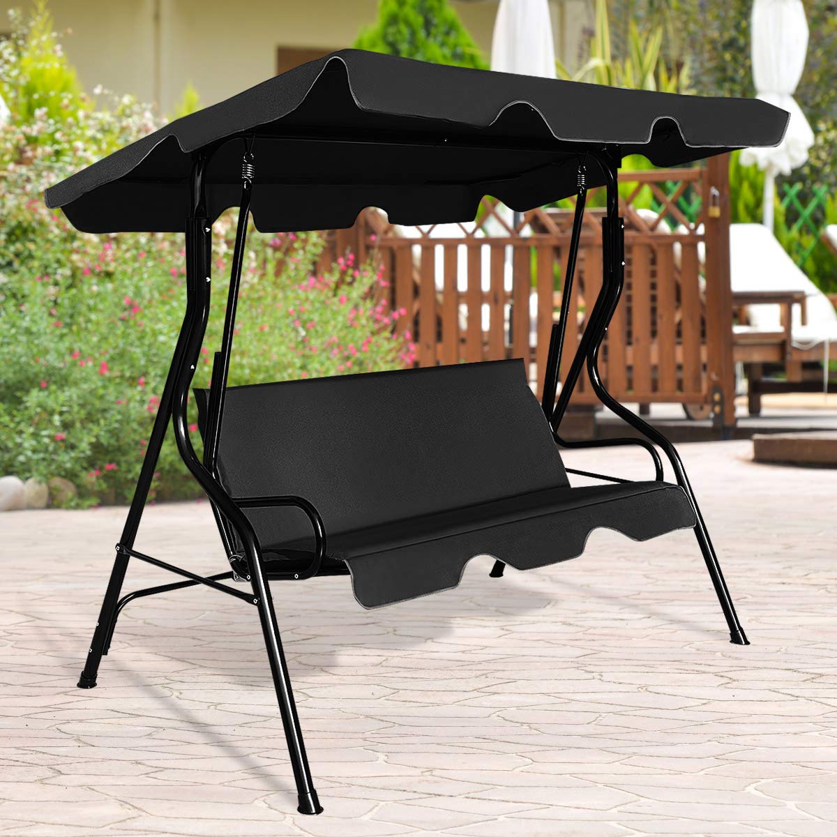 GYMAX Dondolo a 3 Posti in Acciaio, Dondolo da Esterno con Tettuccio Inclinabile e Resistente al Sole, Ideale per Giardino, Cortile e Terrazzo, 172 x 110 x 154 cm, con Portata di 240 kg (nero)