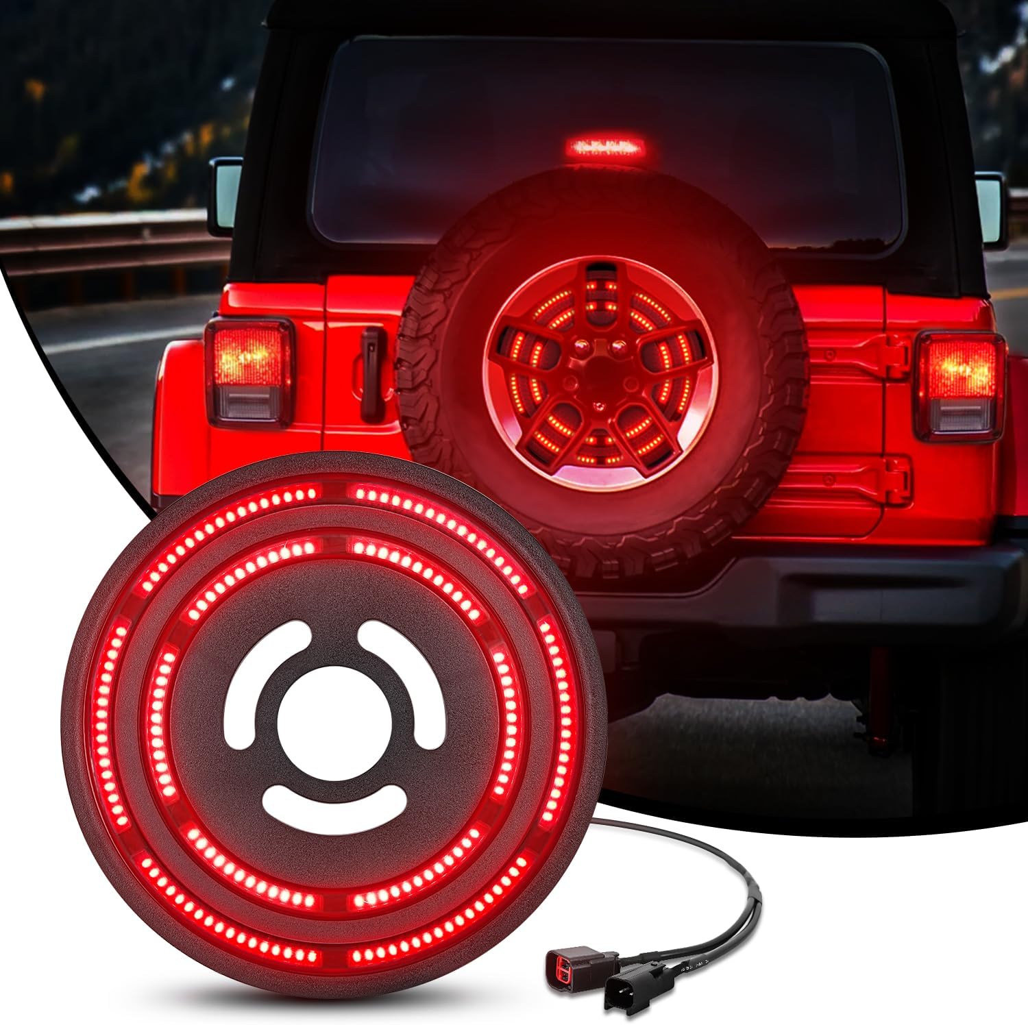 Nilight Spare Tire Brake Light Red Double Row LED Ring 3rd Third Stop Rear Wheel Lights Plug and Play Fit for 2007-2017 Jeep Wrangler JK JKU