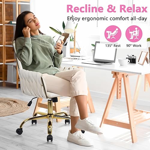 Miniatura 4 de CLATINA Silla de tocador moderna de terciopelo cómoda, linda silla de niña con base dorada y ruedas, silla de escritorio giratoria ergonómica