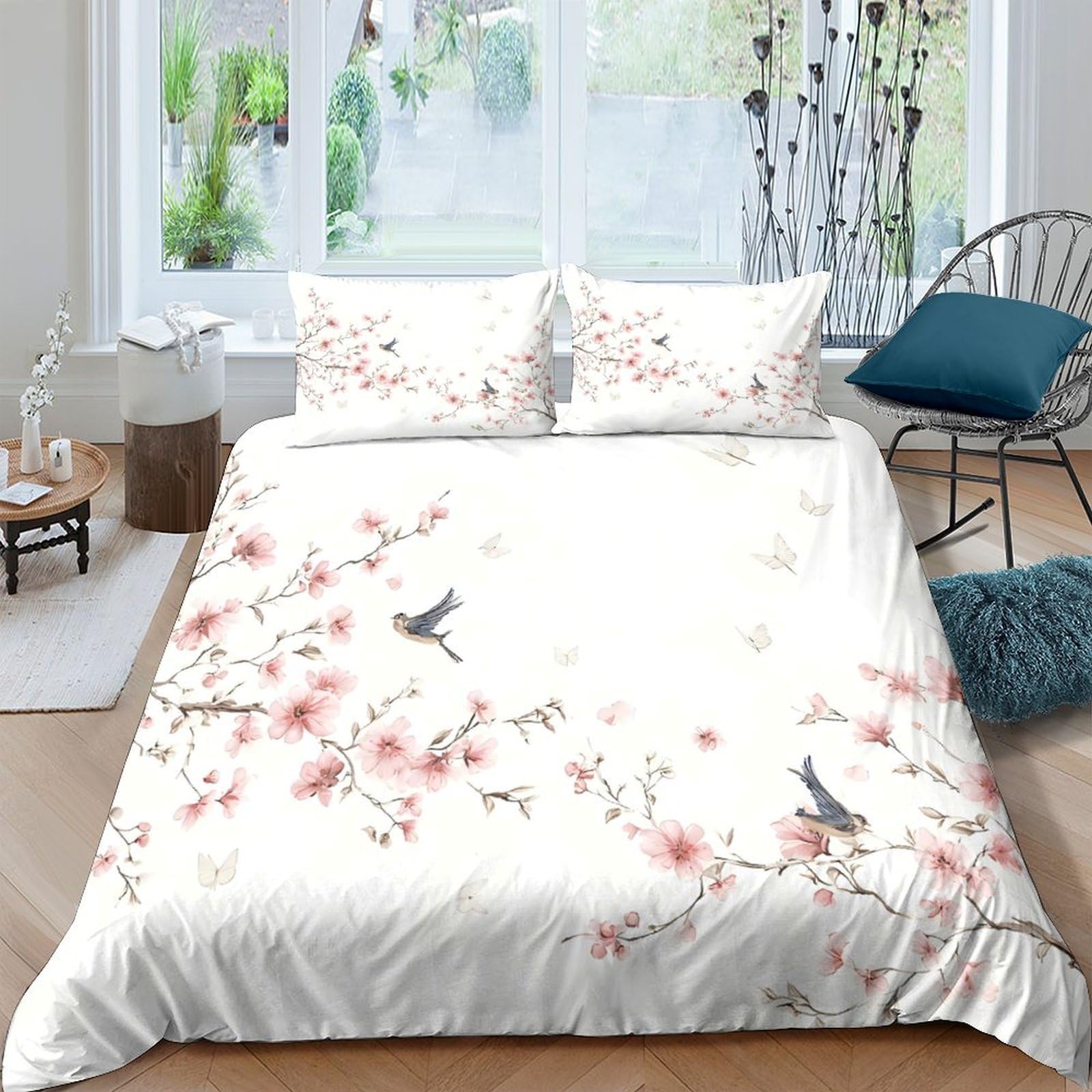 Ctjqhvkz Style-10 3D Printed Cherry Blossom Fitted Sheet Microfiber Soft Bedroom Bird Bed Cover Anti-Slip Machine Washable Decor Single（135X200cm）
