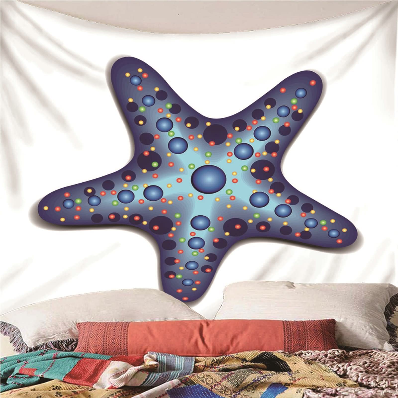 Tapices Macramé Grande, Decoración Navideña Exterior Estrella de Mar Poliéster Blanco Azul 150x130CM
