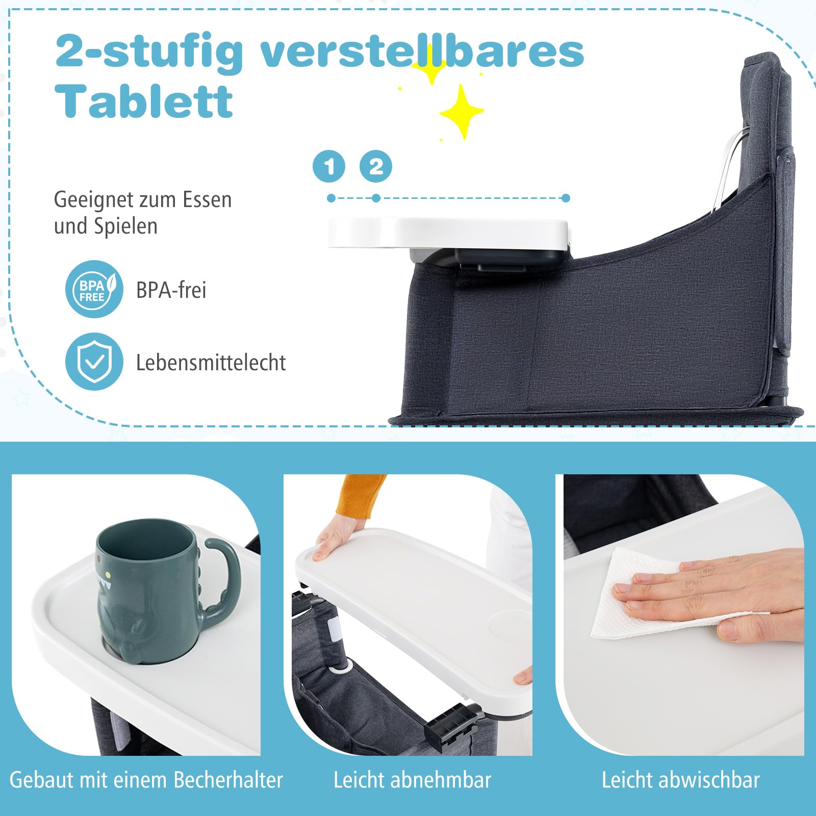 COSTWAY Hochstuhl Baby klappbar, Kinderhochstuhl mit verstellbarem Tablett, Aufbewahrungstasche & Sicherheitsgurt, Babystuhl mit Tragetasche, Babyhochstuhl für Babys von 6-36 Monaten