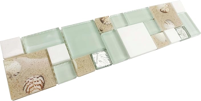 Coastal Glass Stone Mosaic Sample Tile Seafoam Green Shell Backsplash | Beach House Style, Moisture Resistant for Wet Indoor, Kitchen Decor, Bathroom Walls, and Shower Accents