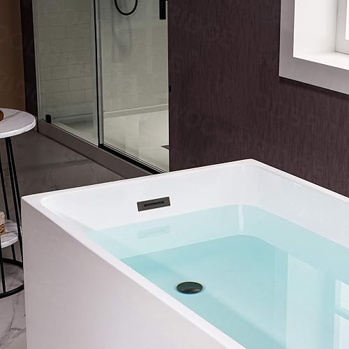 Vista 58 de WOODBRIDGE Bañera de acrílico independiente de 67 pulgadas, bañera blanca de remojo contemporáneo con desbordamiento y drenaje negro mate, Mate
