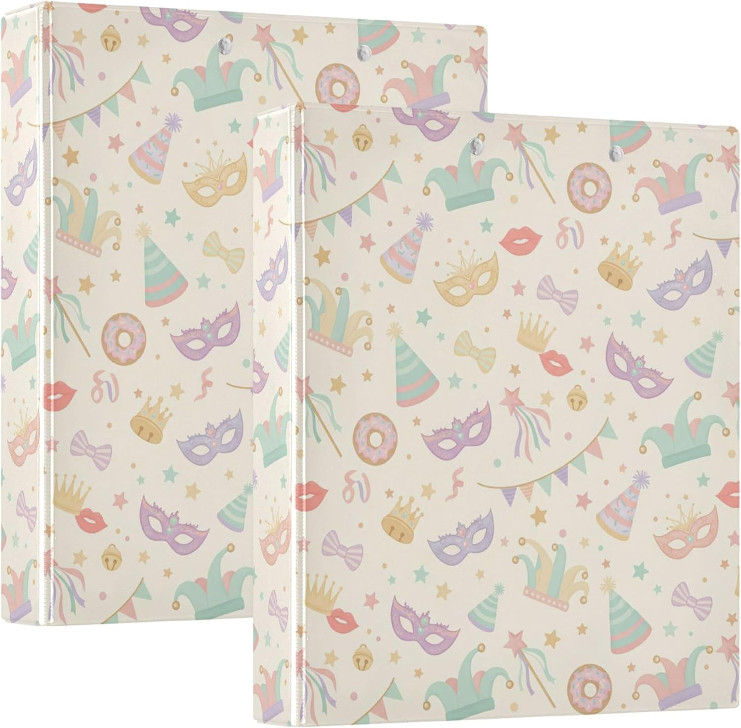 Mardi Gras Colorful Mask 3 Ring Binders, 1.5” Round Ring Binders with Clipboard - Letter Size, 3 Interior PVC Clear Pockets & Anti-Slip Clip for Office School Supplies, 2PCS