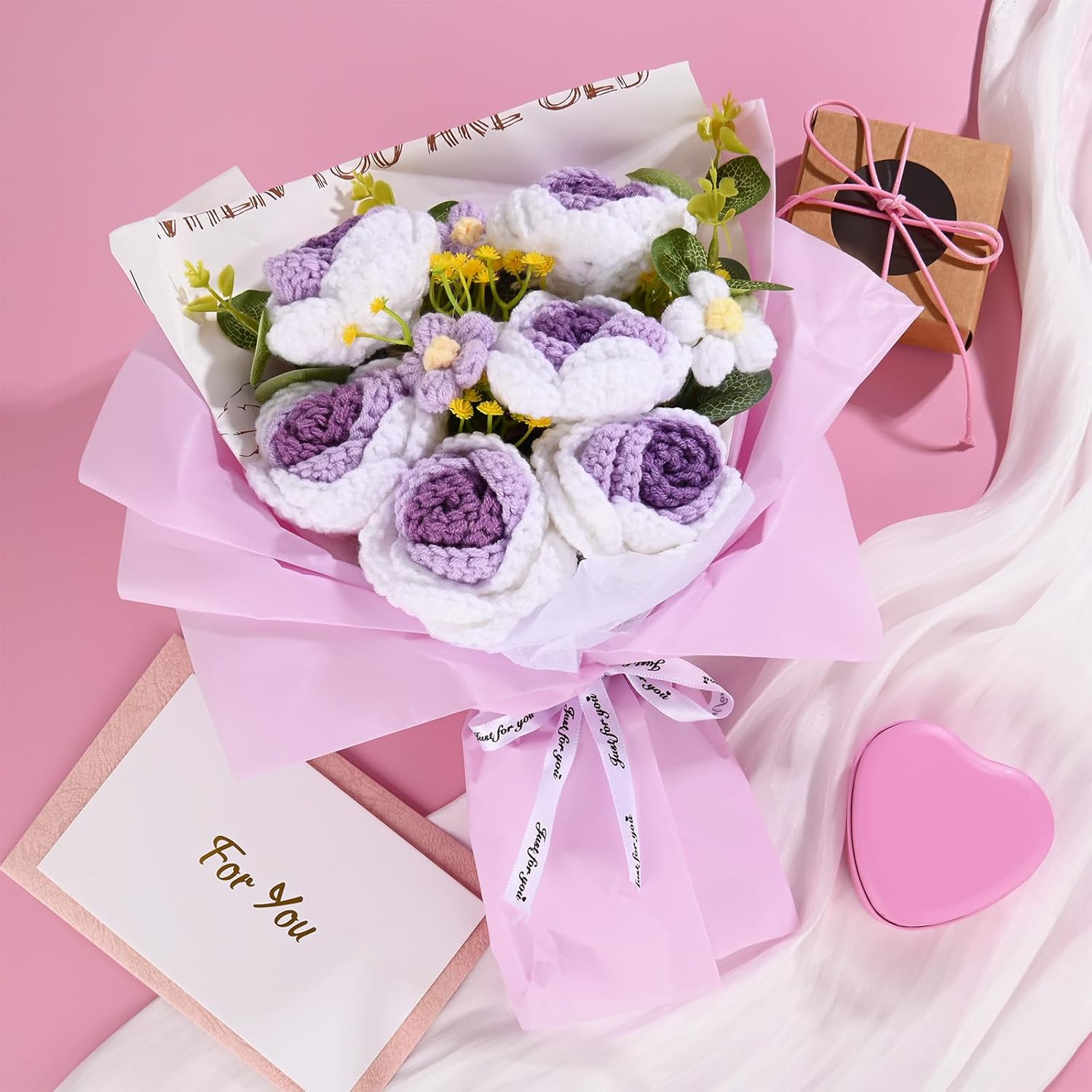 M METERXITY Crochet Flowers Bouquet, Handmade Knitted Bouquets Artificial 6 Rose 3 Daisy Mix with Gift Bag for DIY Home Decor/Birthday/Wedding/Valentine's Day [Gradient Purple]