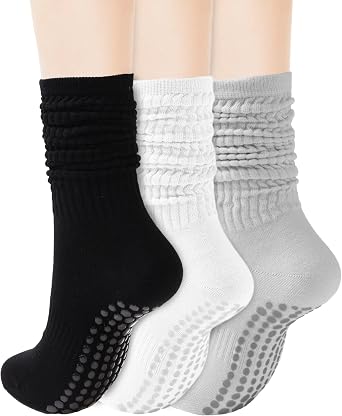 REACH STAR Grip Pilates Socks for Women, Yoga Slouch Socks with Grip for Barre Workout Hospital Long Scrunch Slipper Socks