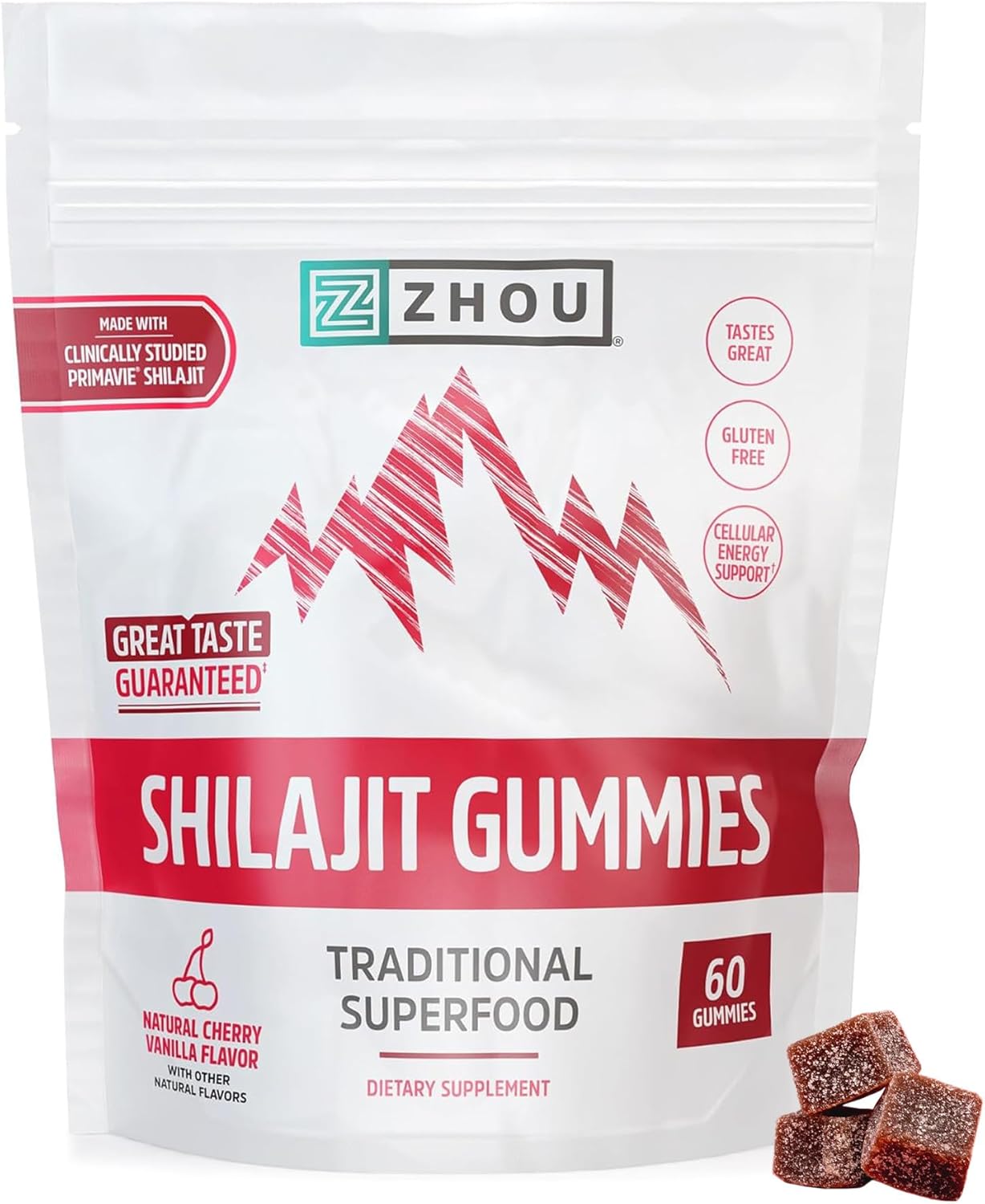 ZHOU Shilajit Gummies - Pure Himalayan Shilajit for Men and Women with Natural Resin Extract, 250 mg Per Serving, Clinically Studied, Gluten Free Formula - Cherry Vanilla Flavor, 60 Chews