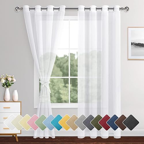 XWZO - Cortinas traslúcidas de gasa semitransparentes blancas para dormitorio, cortinas de ventana con ojales y alzapaños filtrantes de luz y
